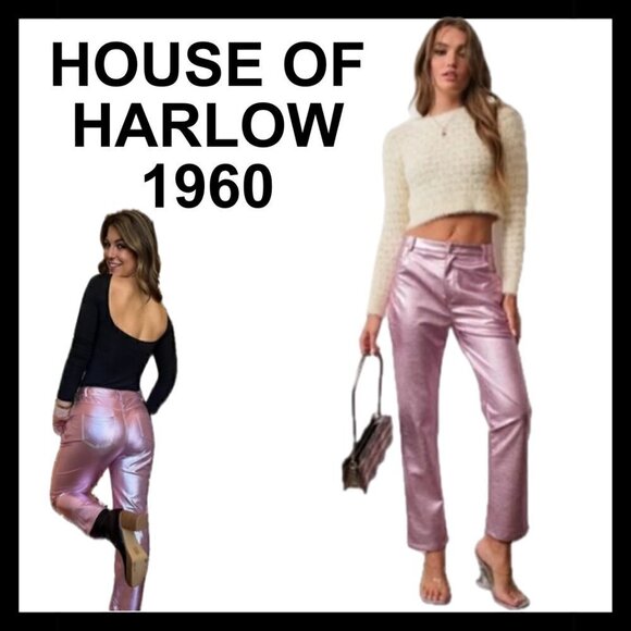 NWT HOUSE OF HARLOW 1960 Metallic pink high waist pants - Picture 1 of 11